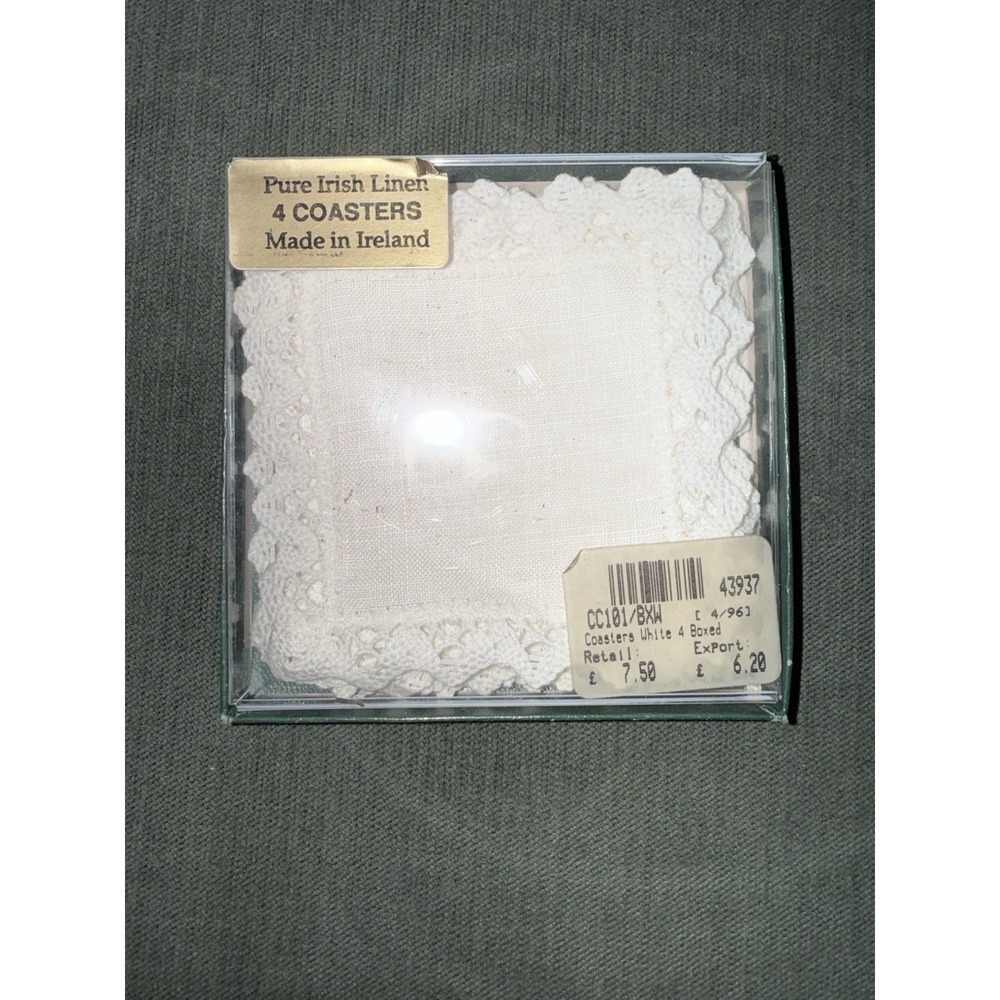 set of 8 pure Irish linen coasters,white w/lace‎ edge